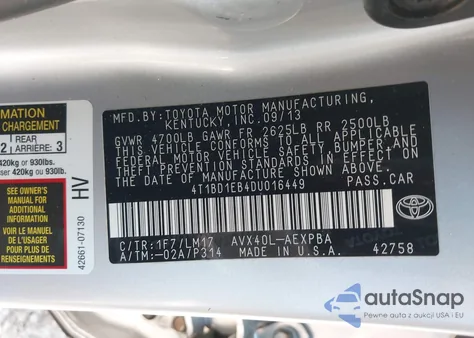 2013 Toyota Avalon Hybrid Limited from USA, damaged, VIN 4T1BD1EB4DU016449